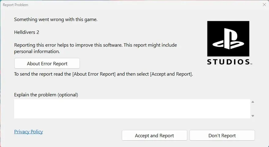 Dialog to report problem following a Helldivers 2 crash